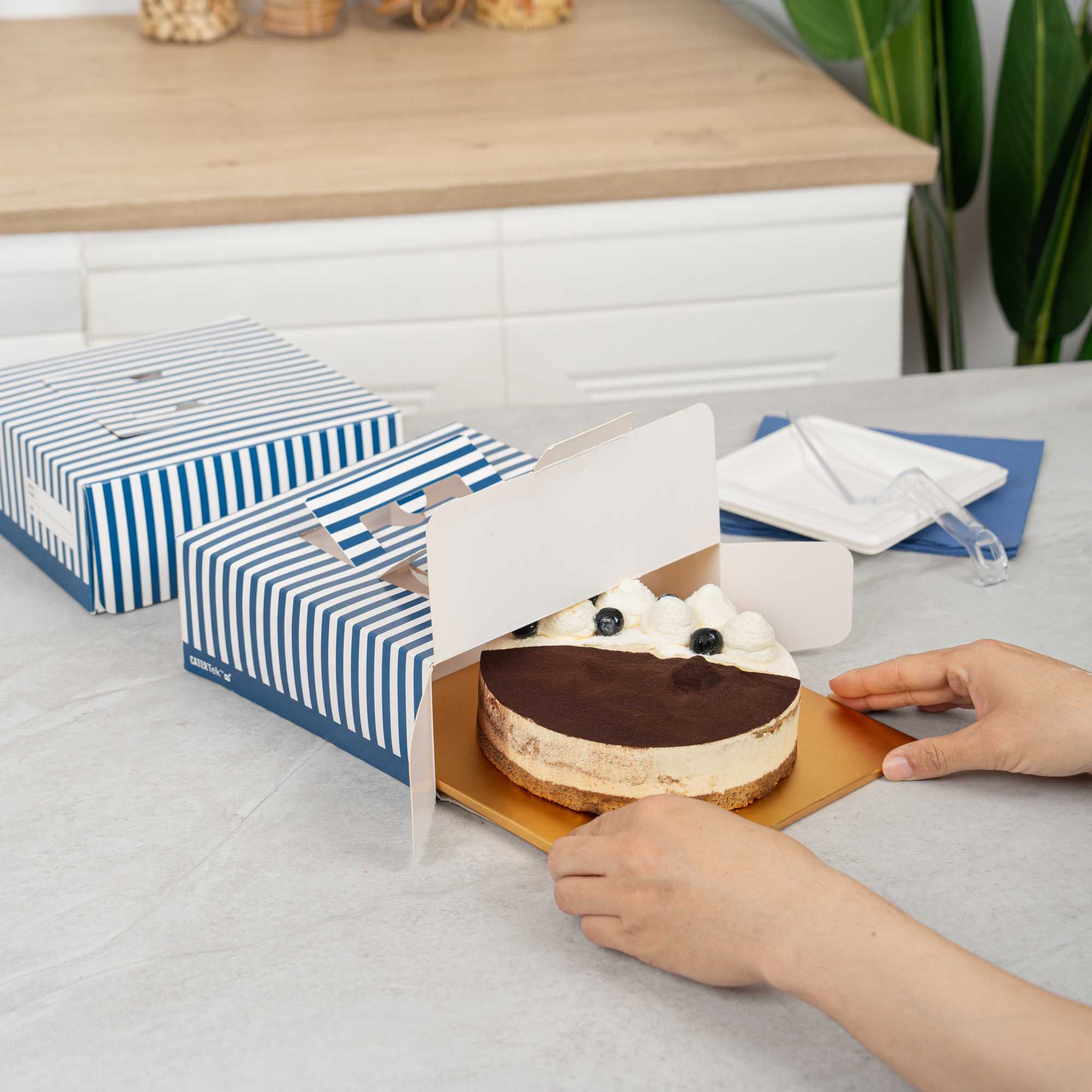 Cater Tek Square Blue and White Stripe Paper Cake / Take Out Container - with Pop-Up Handle, Window - 9" x 9" x 3 1/2" - 50 count box