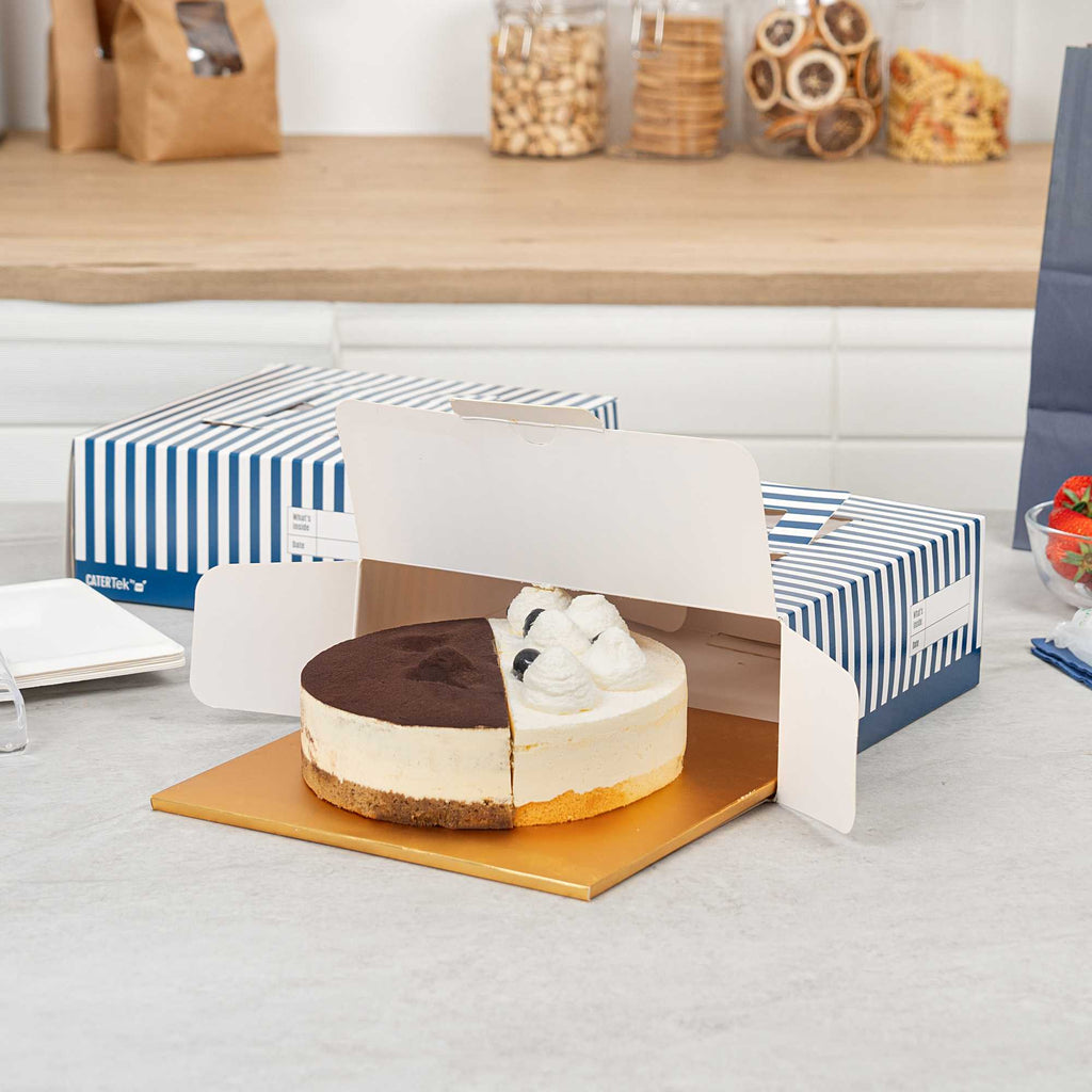 Cater Tek Square Blue and White Stripe Paper Cake / Take Out Container - with Pop-Up Handle, Window - 9" x 9" x 3 1/2" - 50 count box
