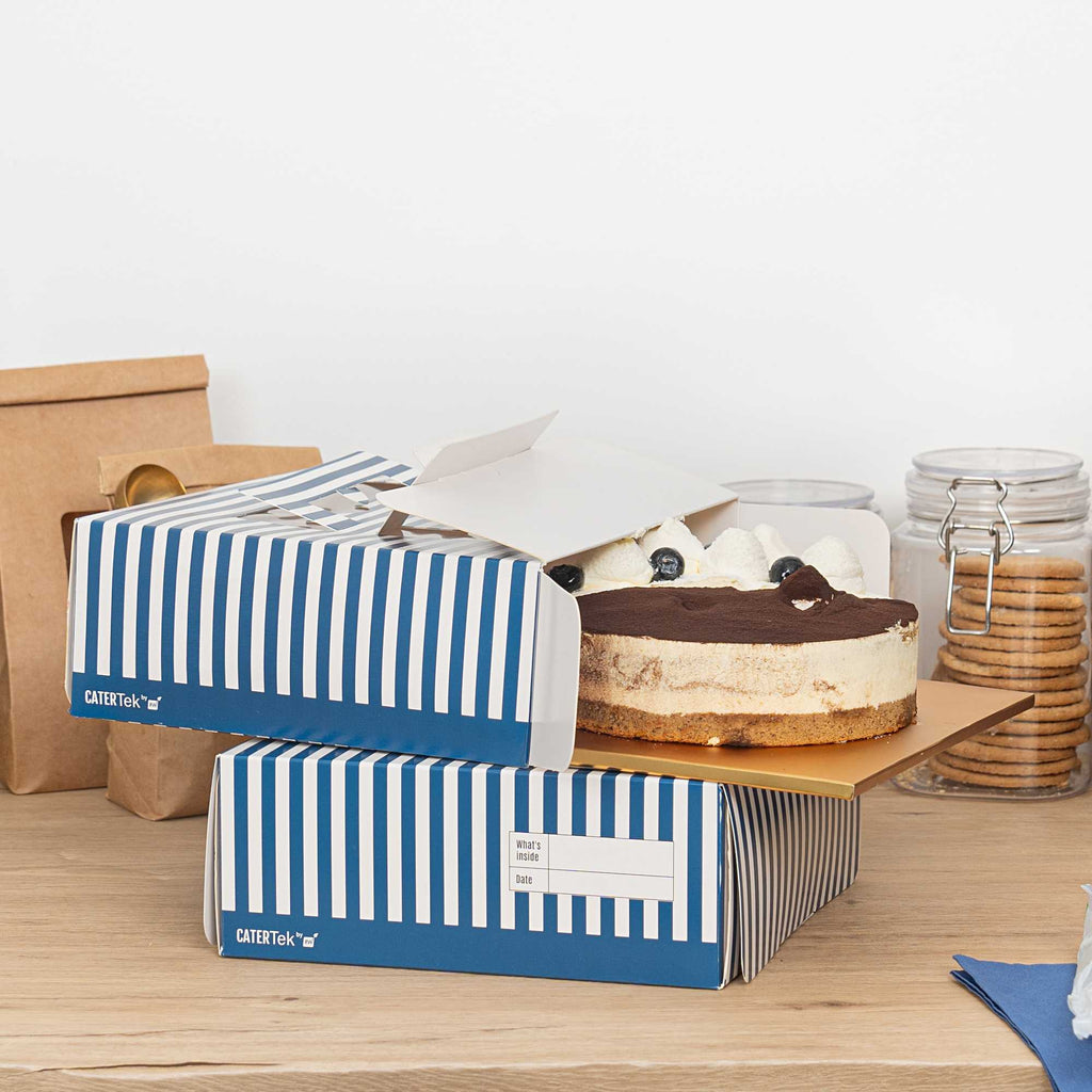 Cater Tek Square Blue and White Stripe Paper Cake / Take Out Container - with Pop-Up Handle, Window - 9" x 9" x 3 1/2" - 50 count box