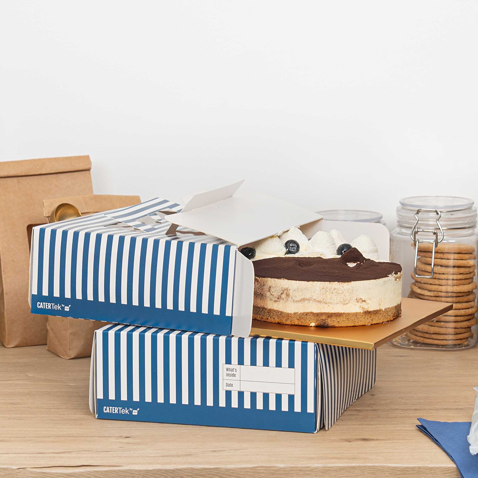 Cater Tek Square Blue and White Stripe Paper Cake / Take Out Container - with Pop-Up Handle, Window - 9" x 9" x 3 1/2" - 50 count box