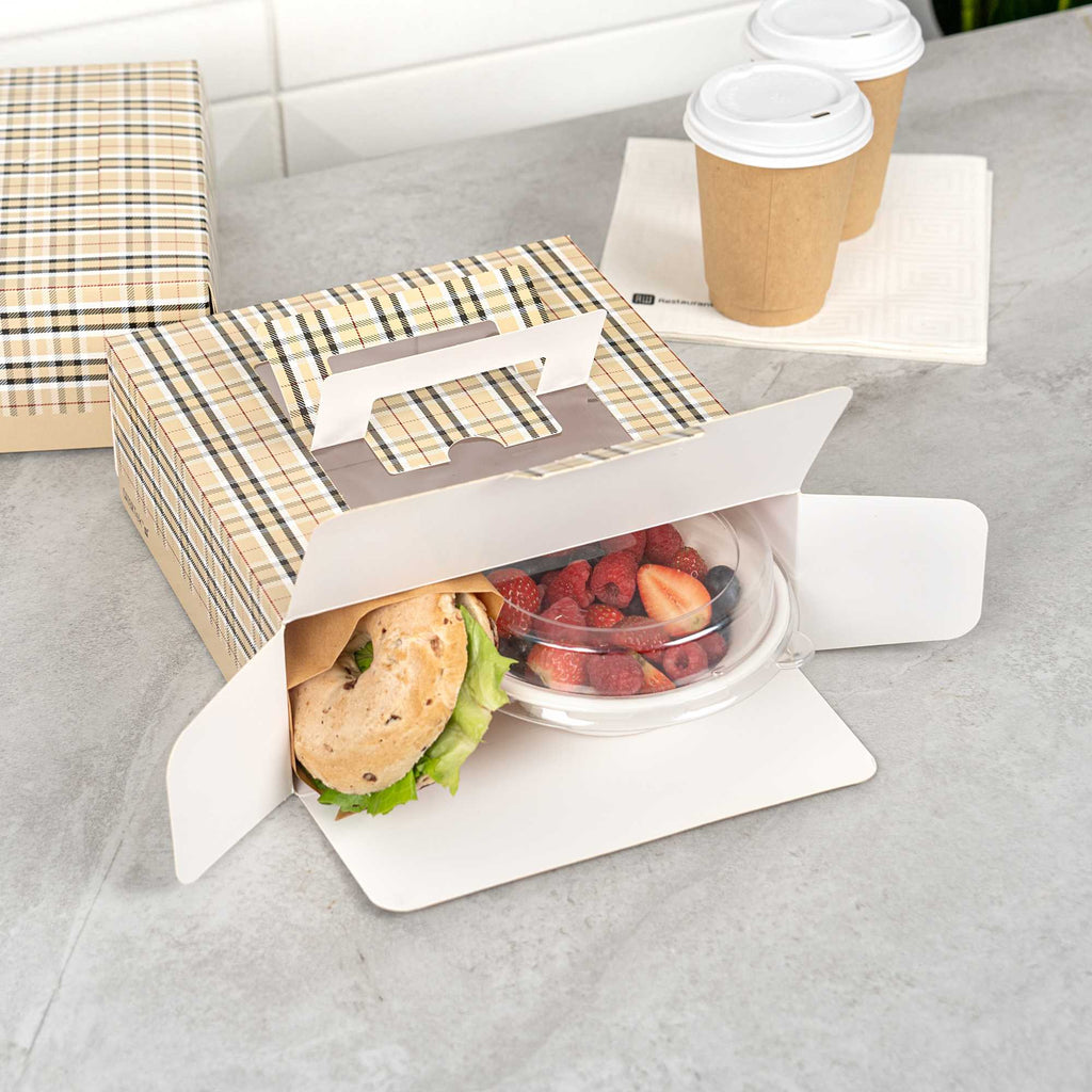 Cater Tek Square Plaid Paper Cake / Take Out Container - with Pop-Up Handle, Window - 9" x 9" x 3 1/2" - 50 count box