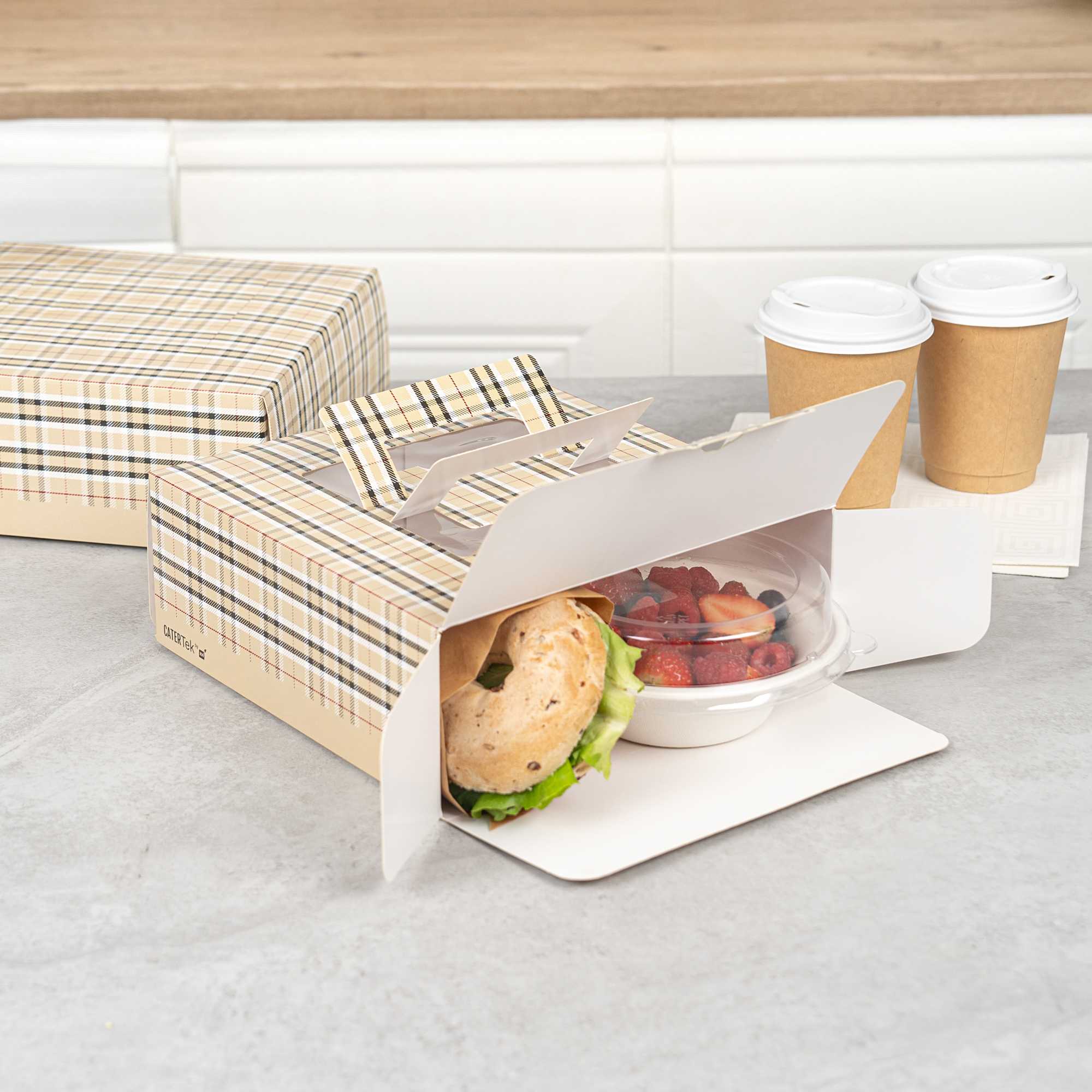 Cater Tek Square Plaid Paper Cake / Take Out Container - with Pop-Up Handle, Window - 9" x 9" x 3 1/2" - 50 count box