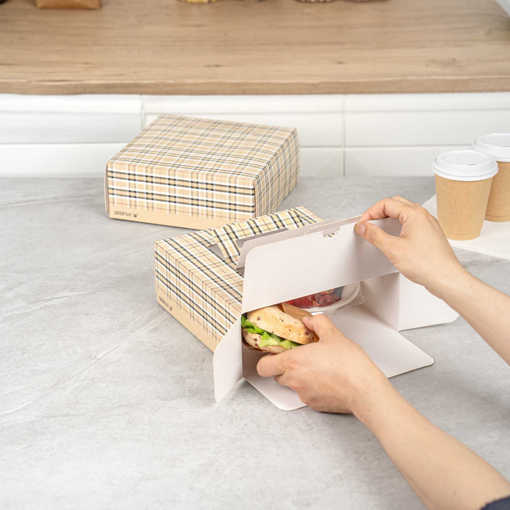 Cater Tek Square Plaid Paper Cake / Take Out Container - with Pop-Up Handle, Window - 9" x 9" x 3 1/2" - 50 count box