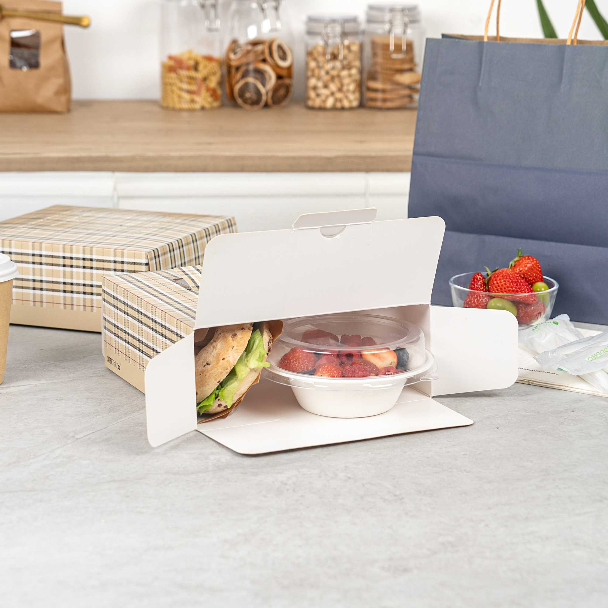 Cater Tek Square Plaid Paper Cake / Take Out Container - with Pop-Up Handle, Window - 9" x 9" x 3 1/2" - 50 count box