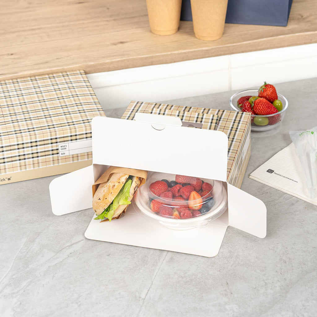 Cater Tek Square Plaid Paper Cake / Take Out Container - with Pop-Up Handle, Window - 9" x 9" x 3 1/2" - 50 count box