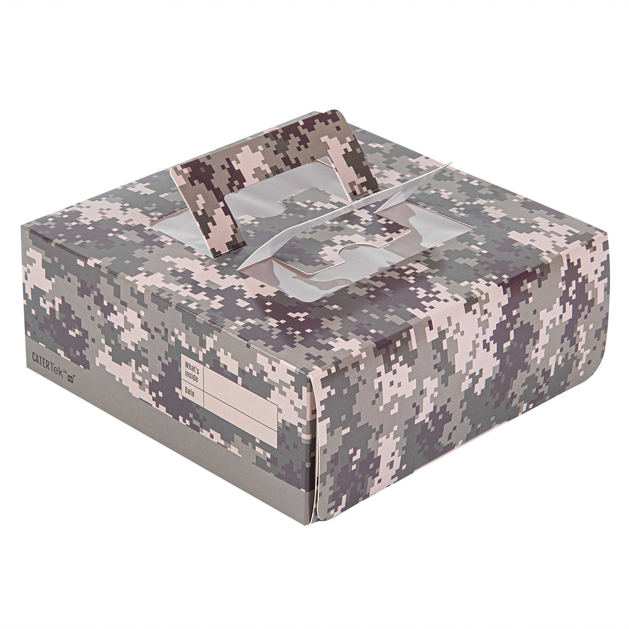 Cater Tek Square Camouflage Paper Cake / Take Out Container - with Pop-Up Handle, Window - 9" x 9" x 3 1/2" - 50 count box