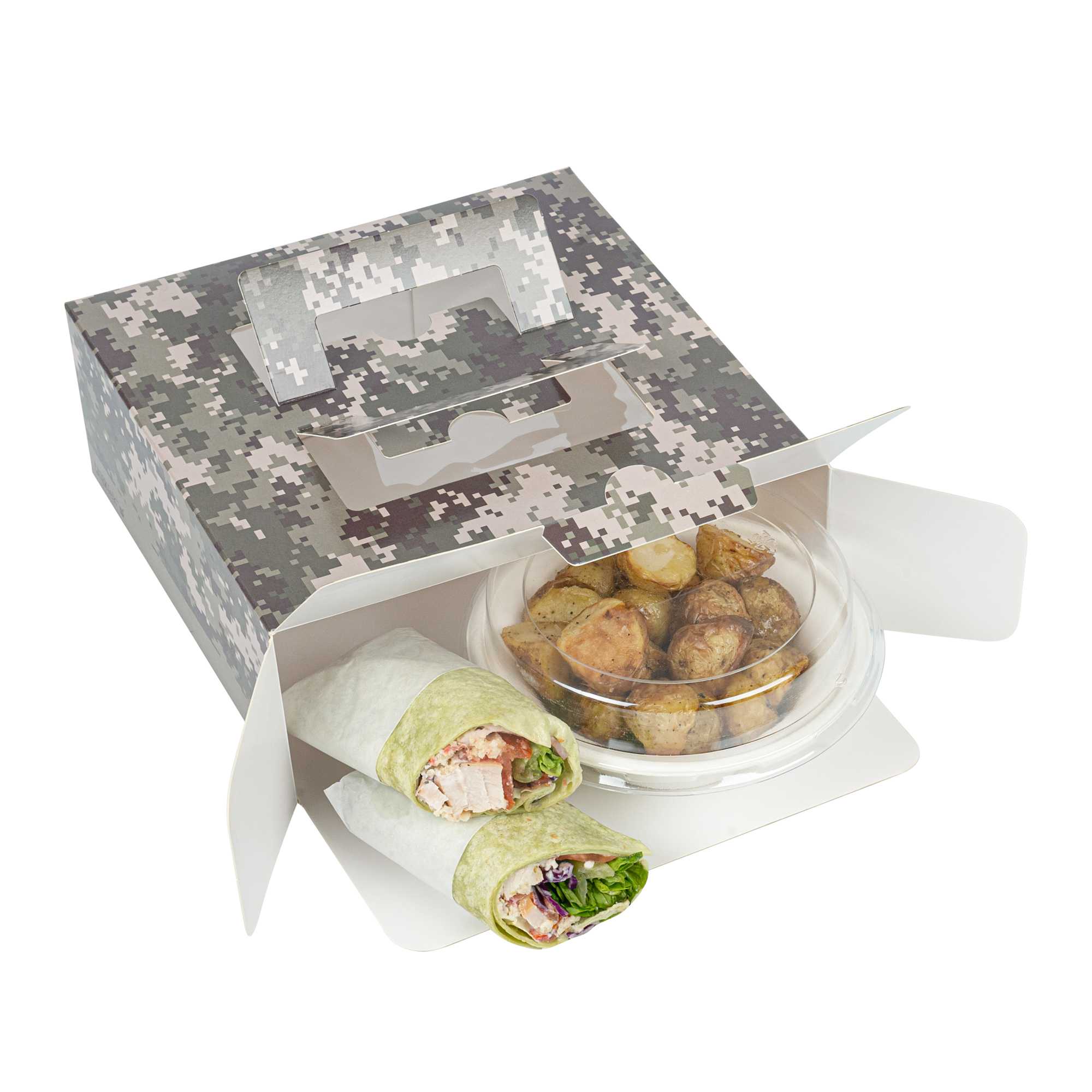 Cater Tek Square Camouflage Paper Cake / Take Out Container - with Pop-Up Handle, Window - 9" x 9" x 3 1/2" - 50 count box