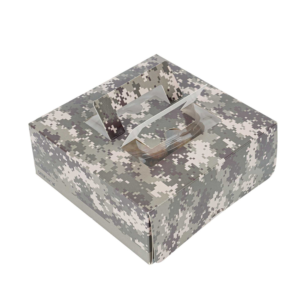 Cater Tek Square Camouflage Paper Cake / Take Out Container - with Pop-Up Handle, Window - 9" x 9" x 3 1/2" - 50 count box
