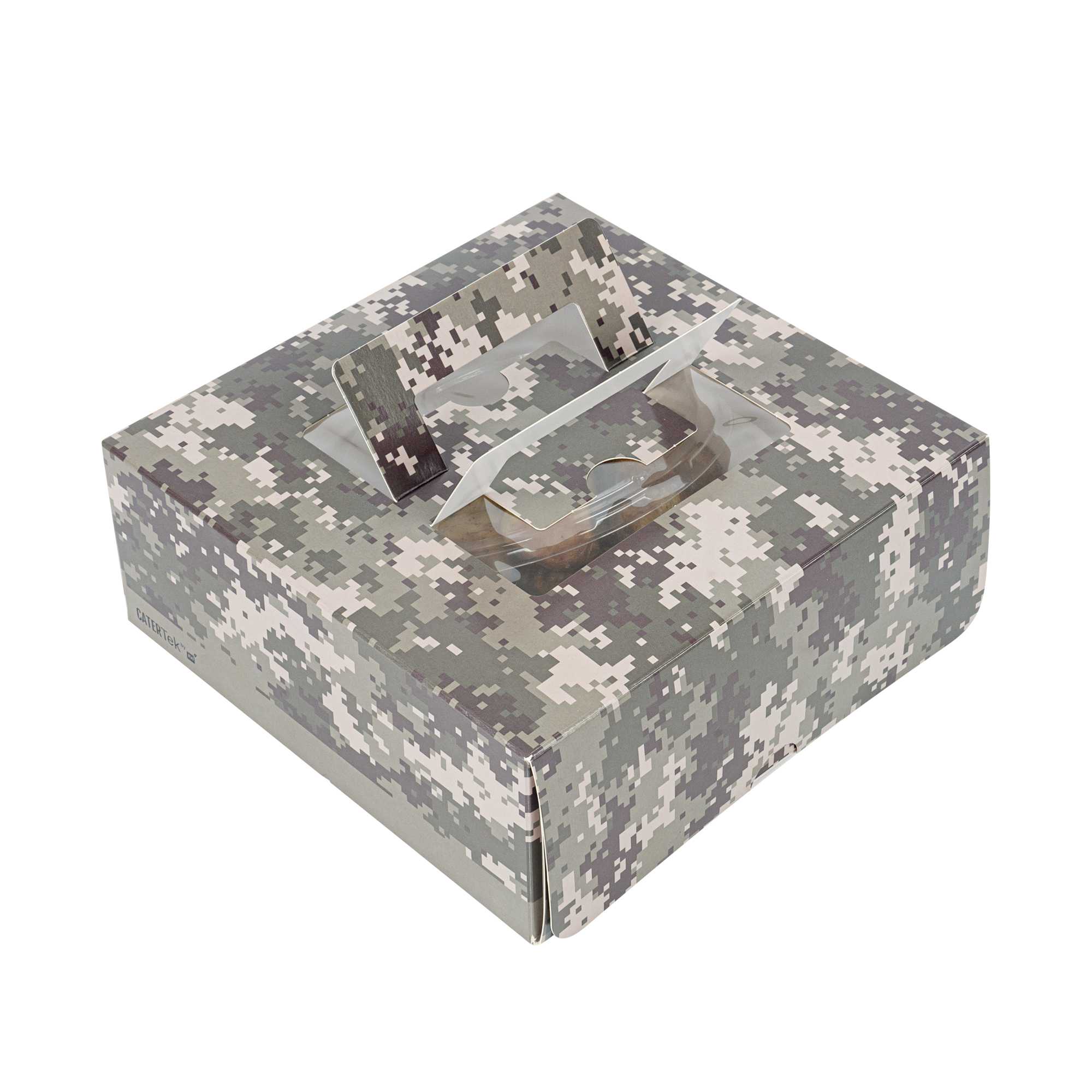 Cater Tek Square Camouflage Paper Cake / Take Out Container - with Pop-Up Handle, Window - 9" x 9" x 3 1/2" - 50 count box