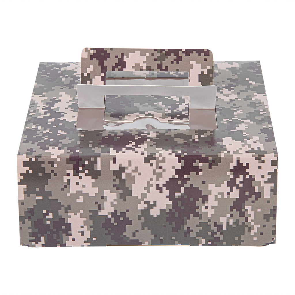 Cater Tek Square Camouflage Paper Cake / Take Out Container - with Pop-Up Handle, Window - 9" x 9" x 3 1/2" - 50 count box