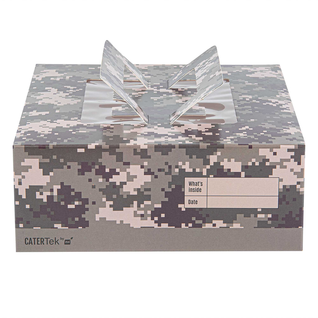 Cater Tek Square Camouflage Paper Cake / Take Out Container - with Pop-Up Handle, Window - 9" x 9" x 3 1/2" - 50 count box