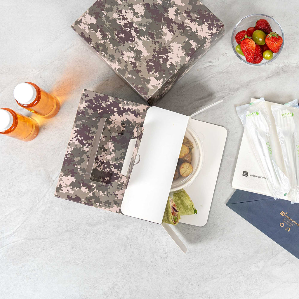 Cater Tek Square Camouflage Paper Cake / Take Out Container - with Pop-Up Handle, Window - 9" x 9" x 3 1/2" - 50 count box