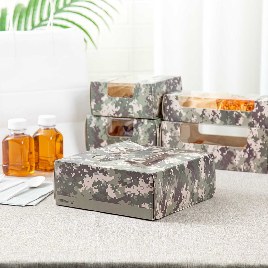 Cater Tek Square Camouflage Paper Cake / Take Out Container - with Pop-Up Handle, Window - 9" x 9" x 3 1/2" - 50 count box