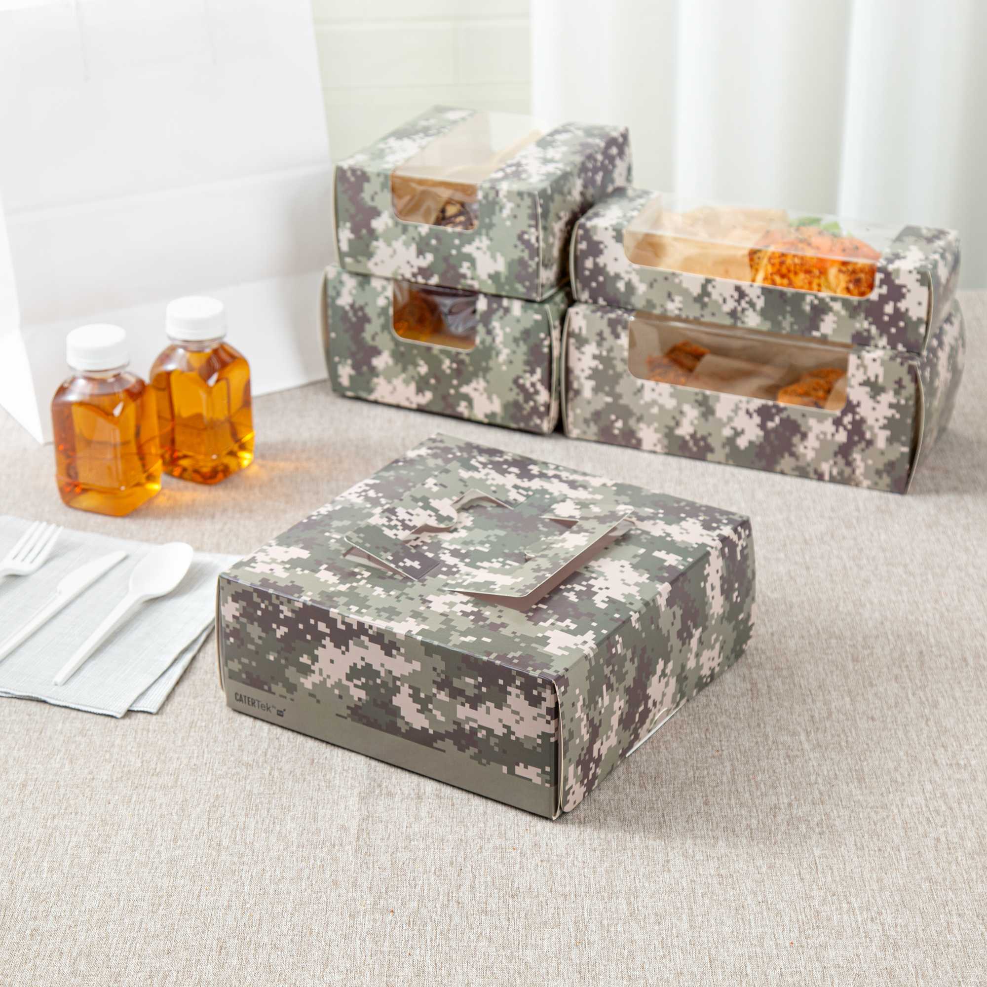 Cater Tek Square Camouflage Paper Cake / Take Out Container - with Pop-Up Handle, Window - 9" x 9" x 3 1/2" - 50 count box
