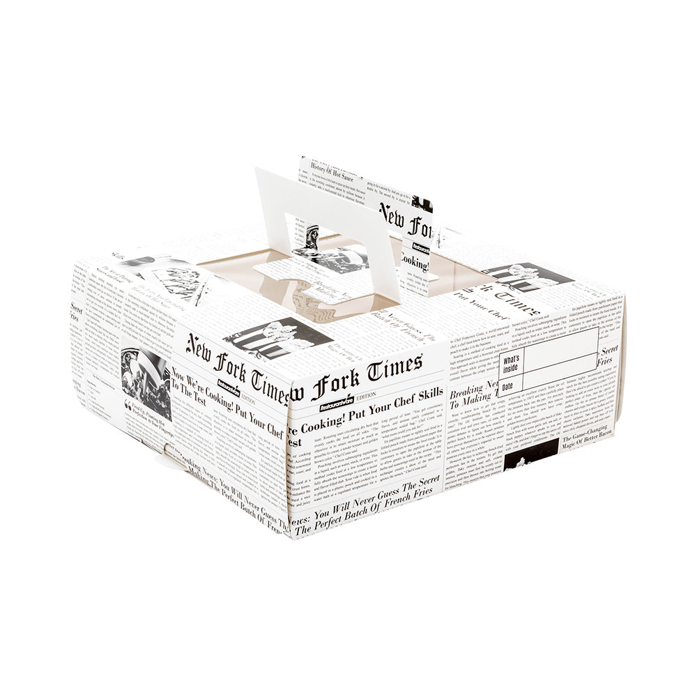 Cater Tek Square Newsprint Paper Cake / Take Out Container - with Pop-Up Handle, Window - 9" x 9" x 3 1/2" - 50 count box