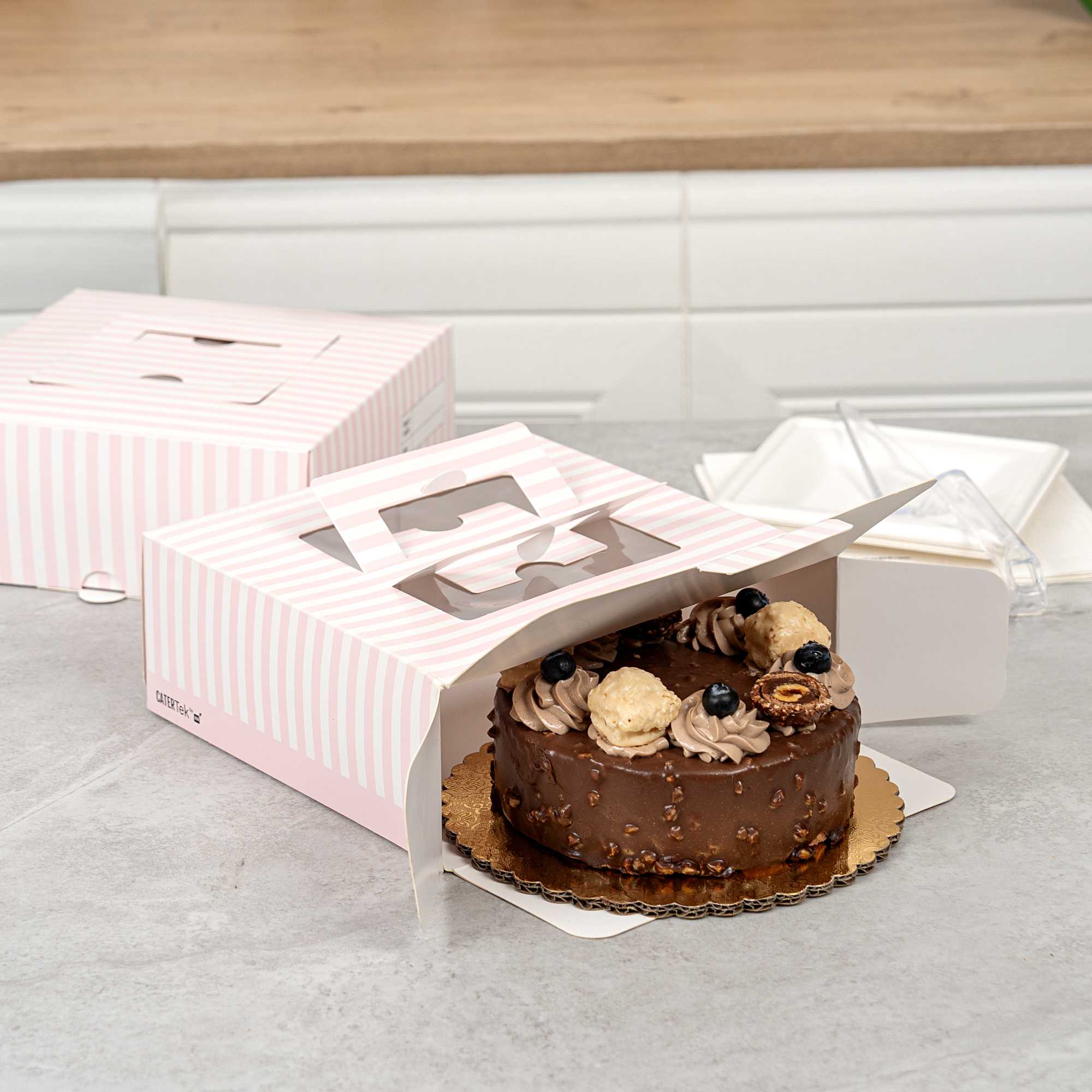 Cater Tek Square Pink and White Stripe Paper Cake / Take Out Container - with Pop-Up Handle, Window - 9" x 9" x 3 1/2" - 50 count box