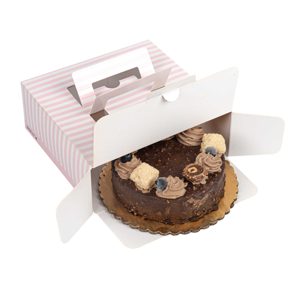 Cater Tek Square Pink and White Stripe Paper Cake / Take Out Container - with Pop-Up Handle, Window - 9" x 9" x 3 1/2" - 50 count box