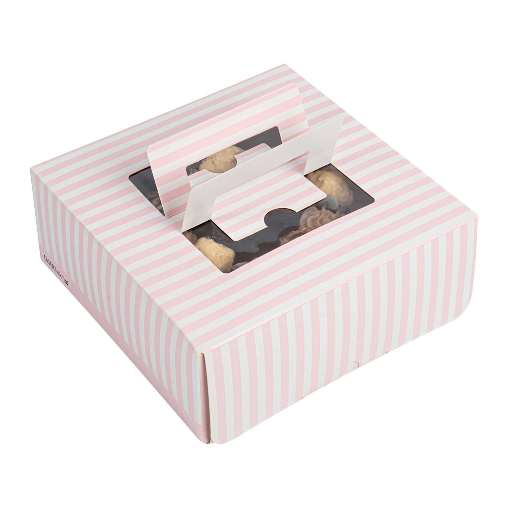 Cater Tek Square Pink and White Stripe Paper Cake / Take Out Container - with Pop-Up Handle, Window - 9" x 9" x 3 1/2" - 50 count box