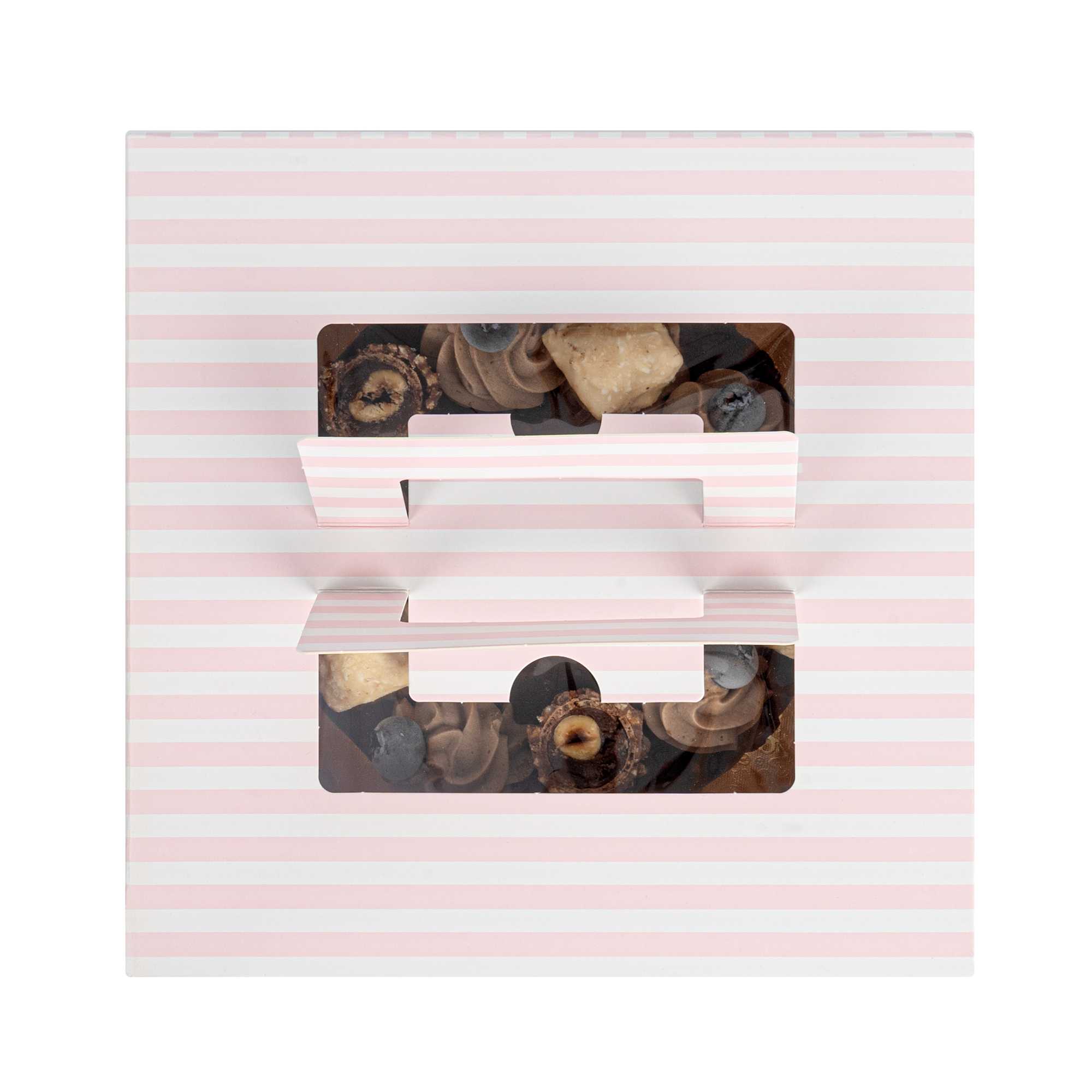 Cater Tek Square Pink and White Stripe Paper Cake / Take Out Container - with Pop-Up Handle, Window - 9" x 9" x 3 1/2" - 50 count box