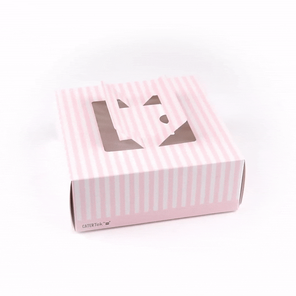 Cater Tek Square Pink and White Stripe Paper Cake / Take Out Container - with Pop-Up Handle, Window - 9" x 9" x 3 1/2" - 50 count box