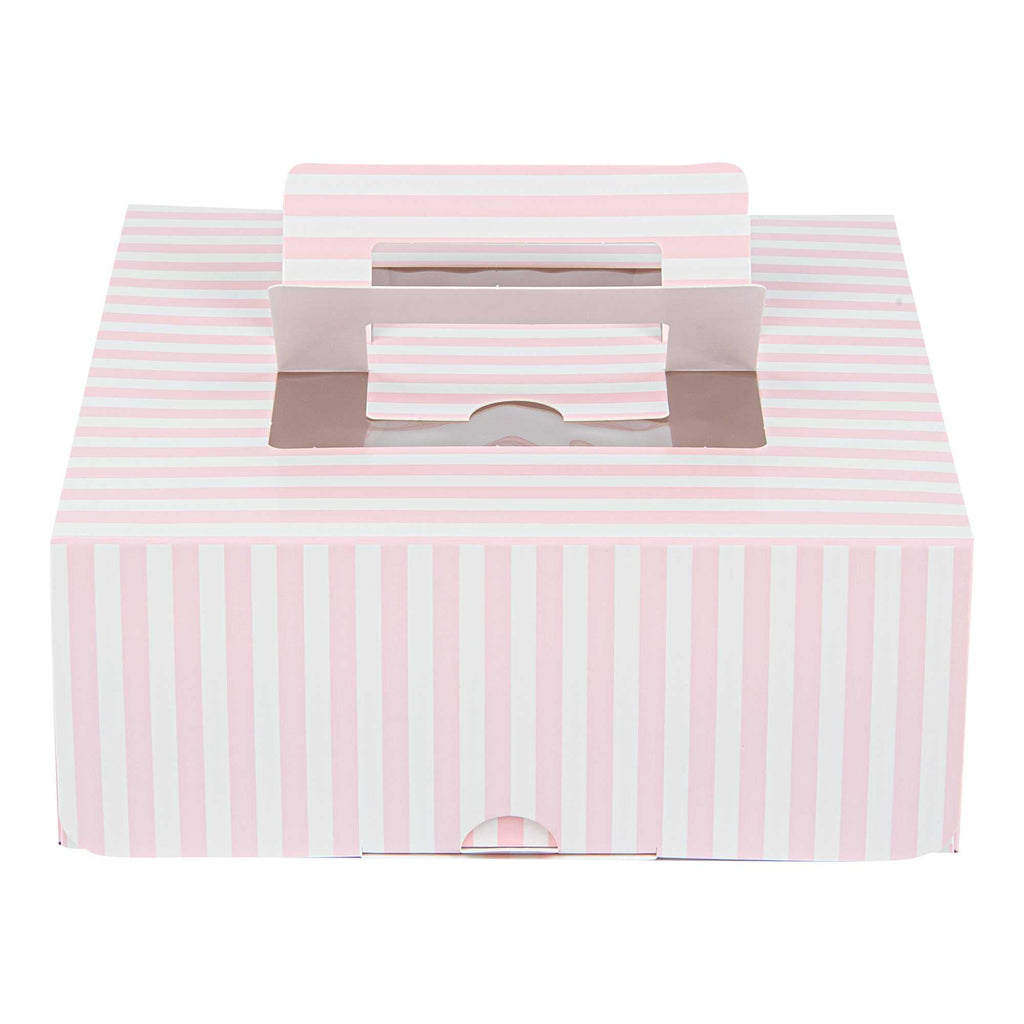Cater Tek Square Pink and White Stripe Paper Cake / Take Out Container - with Pop-Up Handle, Window - 9" x 9" x 3 1/2" - 50 count box
