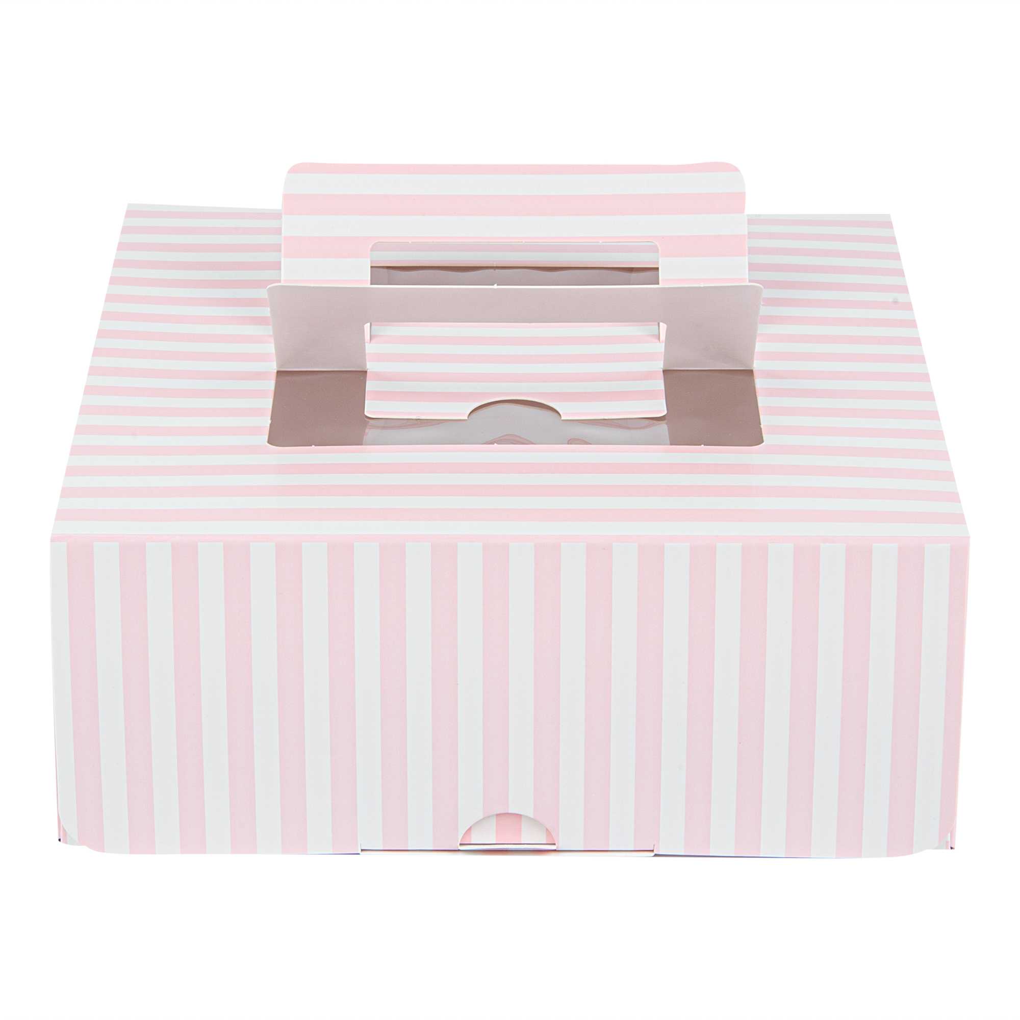 Cater Tek Square Pink and White Stripe Paper Cake / Take Out Container - with Pop-Up Handle, Window - 9" x 9" x 3 1/2" - 50 count box