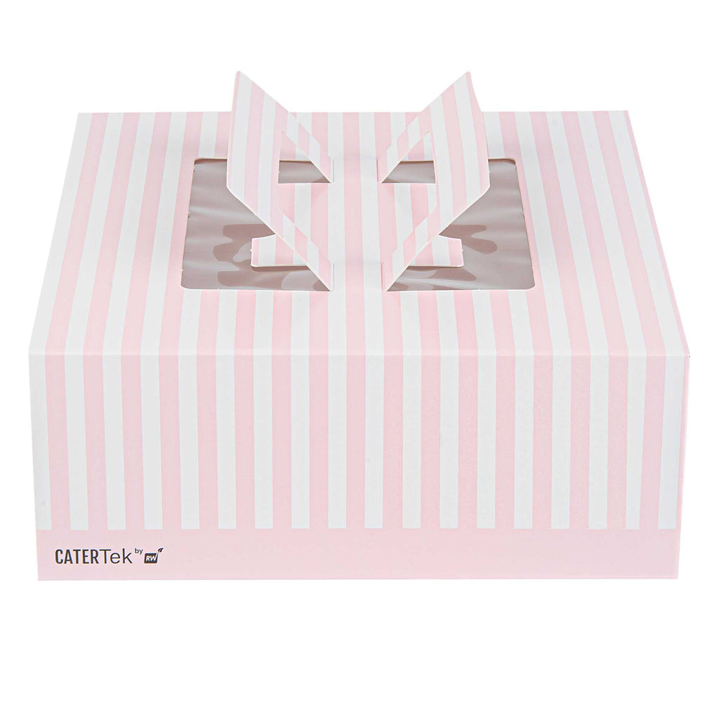 Cater Tek Square Pink and White Stripe Paper Cake / Take Out Container - with Pop-Up Handle, Window - 9" x 9" x 3 1/2" - 50 count box