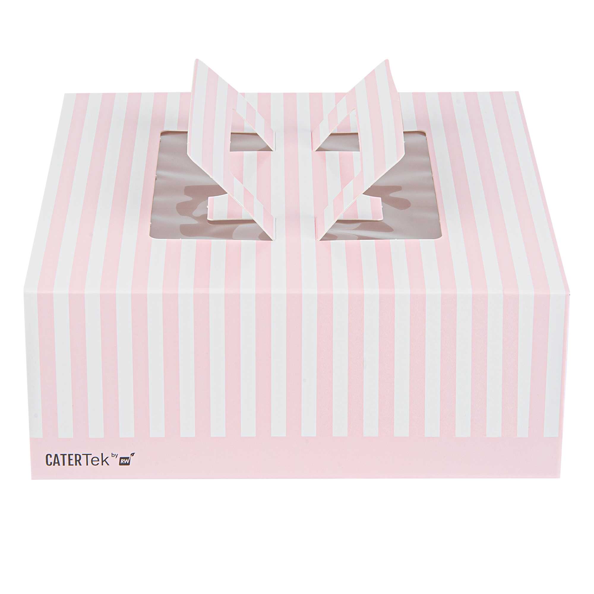 Cater Tek Square Pink and White Stripe Paper Cake / Take Out Container - with Pop-Up Handle, Window - 9" x 9" x 3 1/2" - 50 count box