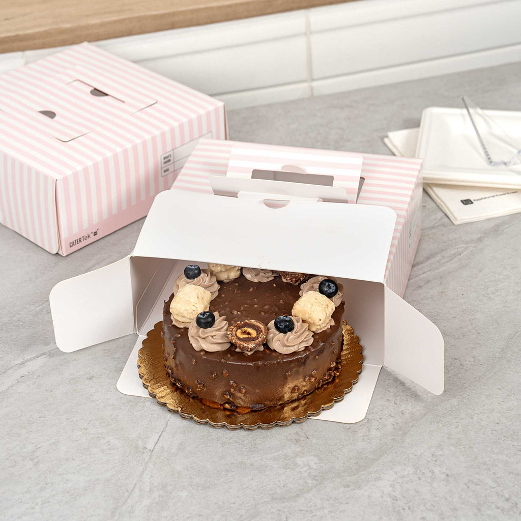 Cater Tek Square Pink and White Stripe Paper Cake / Take Out Container - with Pop-Up Handle, Window - 9" x 9" x 3 1/2" - 50 count box