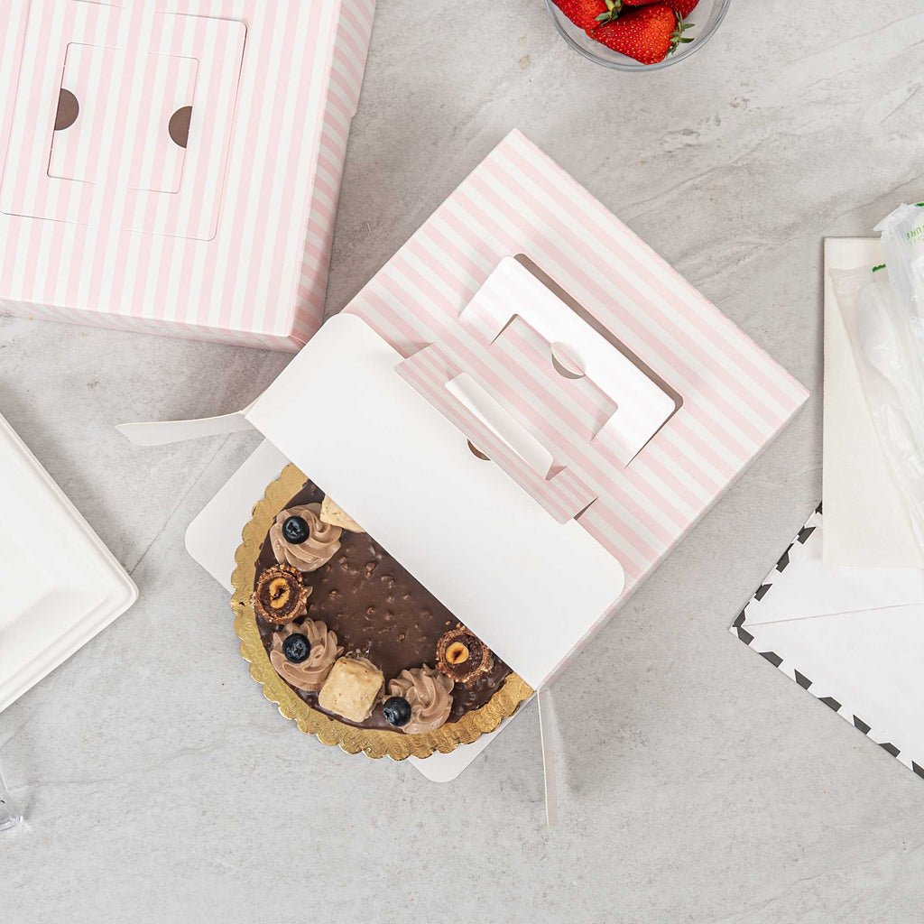 Cater Tek Square Pink and White Stripe Paper Cake / Take Out Container - with Pop-Up Handle, Window - 9" x 9" x 3 1/2" - 50 count box