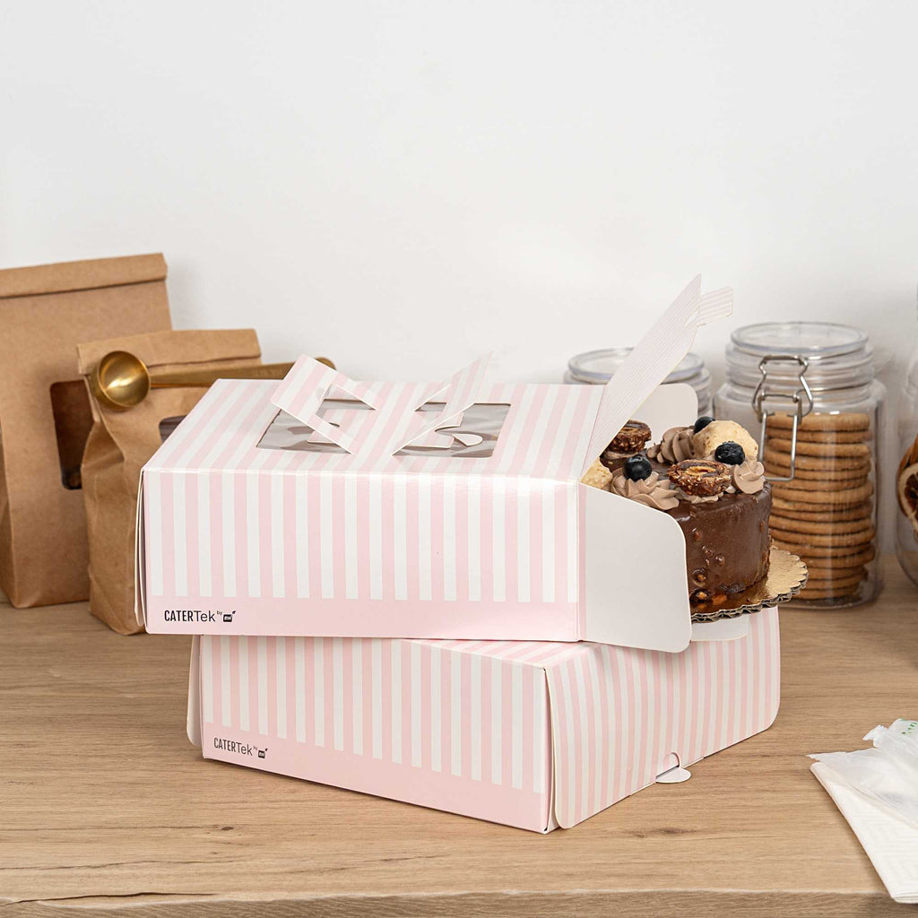 Cater Tek Square Pink and White Stripe Paper Cake / Take Out Container - with Pop-Up Handle, Window - 9" x 9" x 3 1/2" - 50 count box