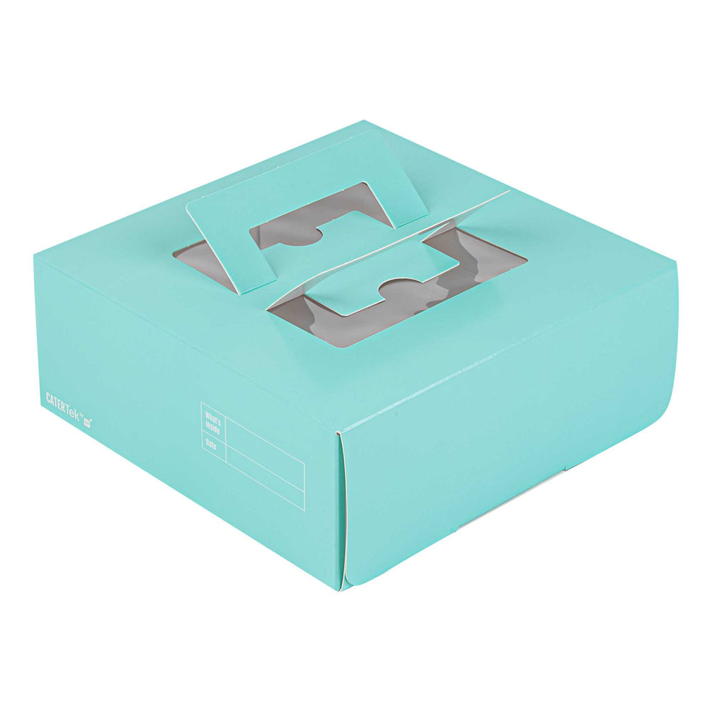 Cater Tek Square Turquoise Paper Cake / Take Out Container - with Pop-Up Handle, Window - 9" x 9" x 3 1/2" - 50 count box