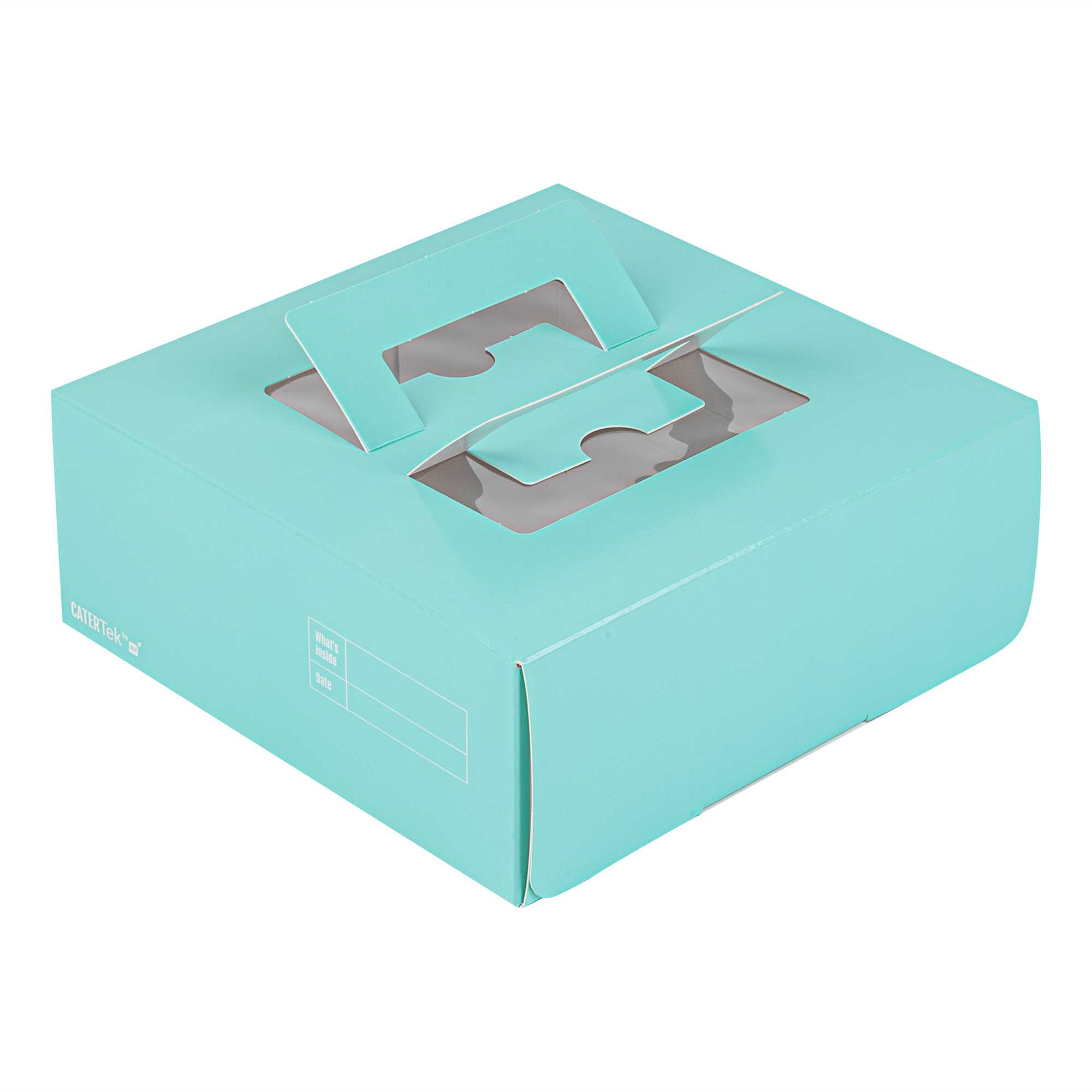 Cater Tek Square Turquoise Paper Cake / Take Out Container - with Pop-Up Handle, Window - 9" x 9" x 3 1/2" - 50 count box