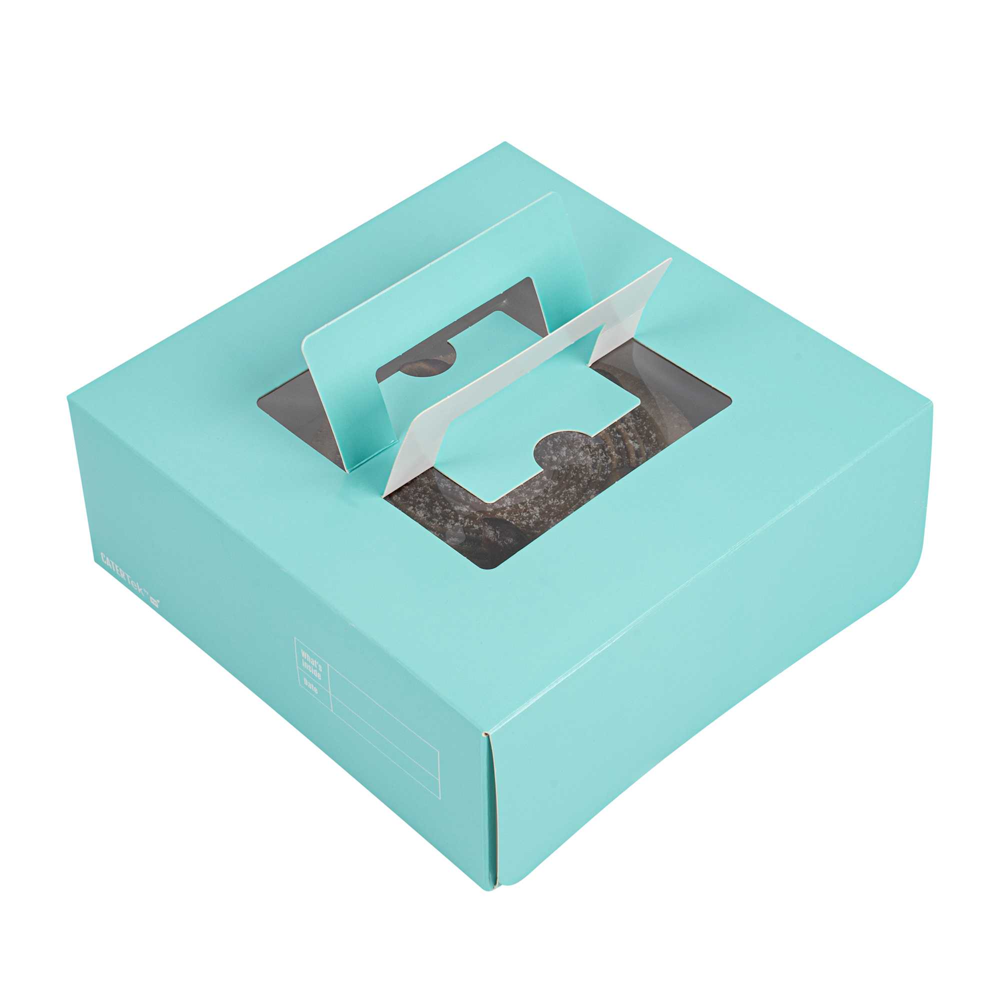 Cater Tek Square Turquoise Paper Cake / Take Out Container - with Pop-Up Handle, Window - 9" x 9" x 3 1/2" - 50 count box