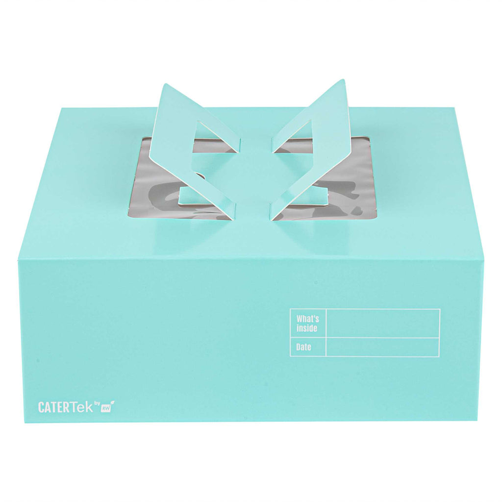 Cater Tek Square Turquoise Paper Cake / Take Out Container - with Pop-Up Handle, Window - 9" x 9" x 3 1/2" - 50 count box