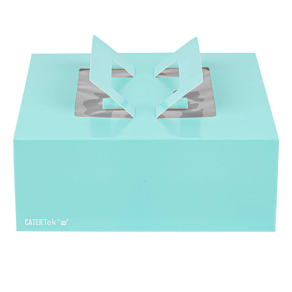 Cater Tek Square Turquoise Paper Cake / Take Out Container - with Pop-Up Handle, Window - 9" x 9" x 3 1/2" - 50 count box