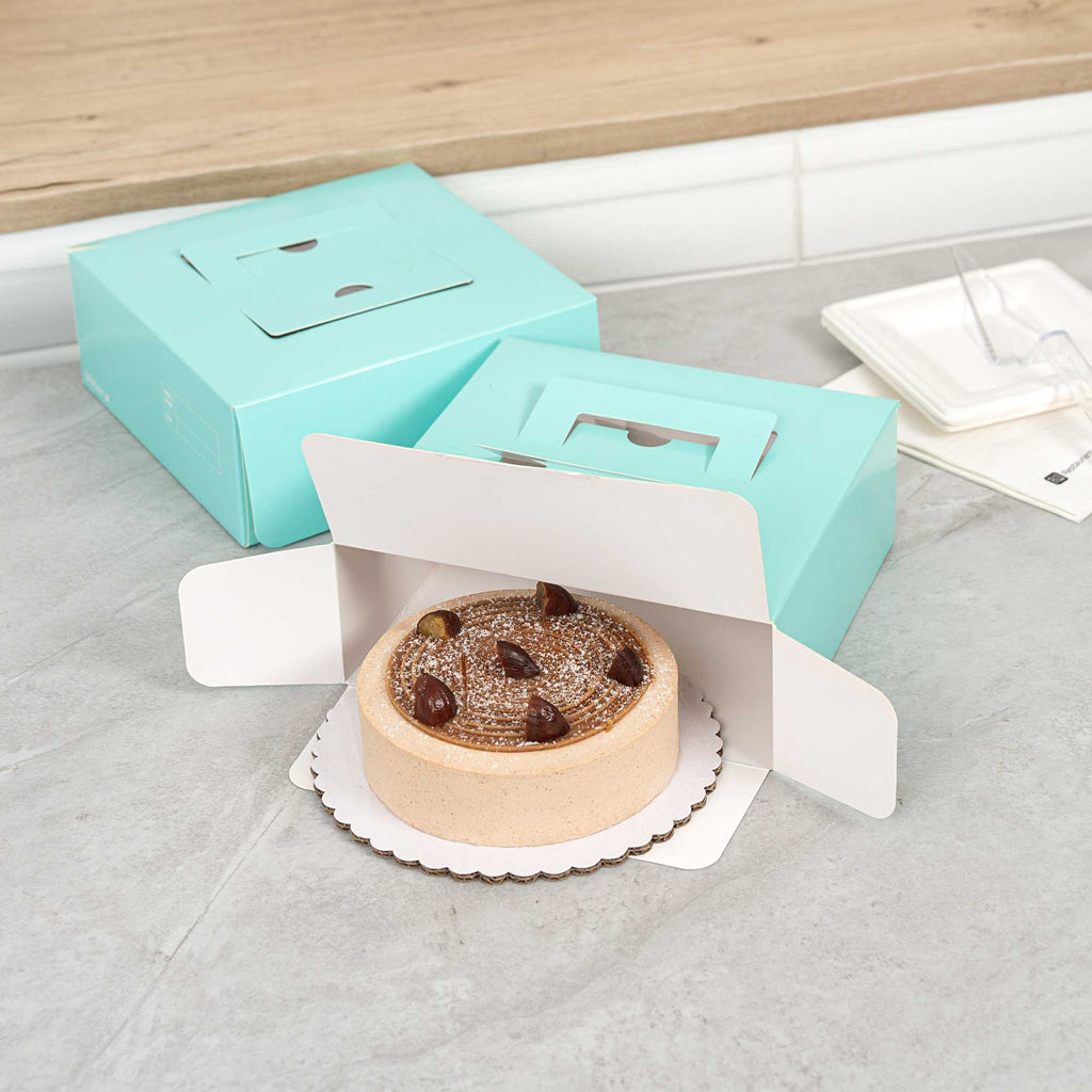 Cater Tek Square Turquoise Paper Cake / Take Out Container - with Pop-Up Handle, Window - 9" x 9" x 3 1/2" - 50 count box