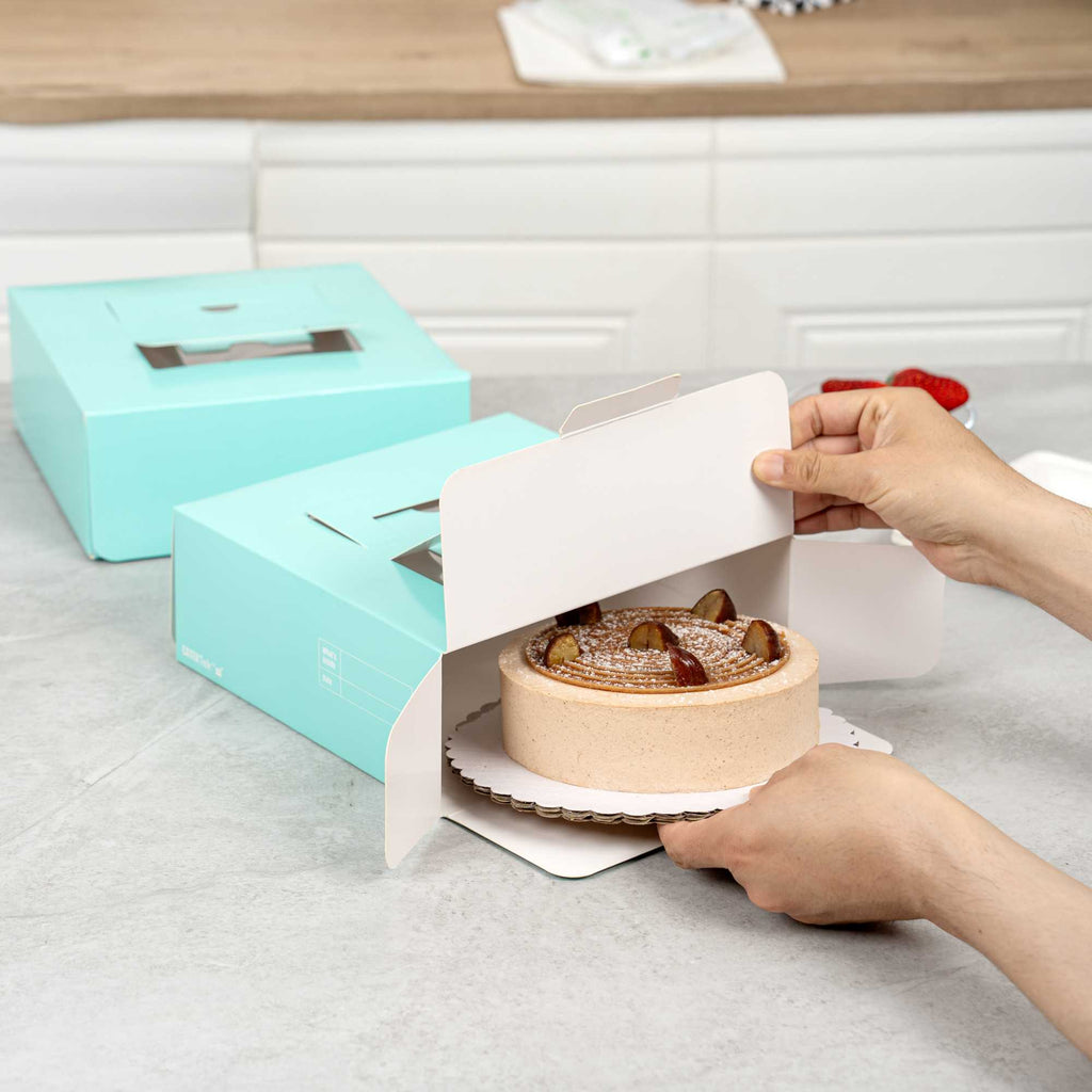 Cater Tek Square Turquoise Paper Cake / Take Out Container - with Pop-Up Handle, Window - 9" x 9" x 3 1/2" - 50 count box