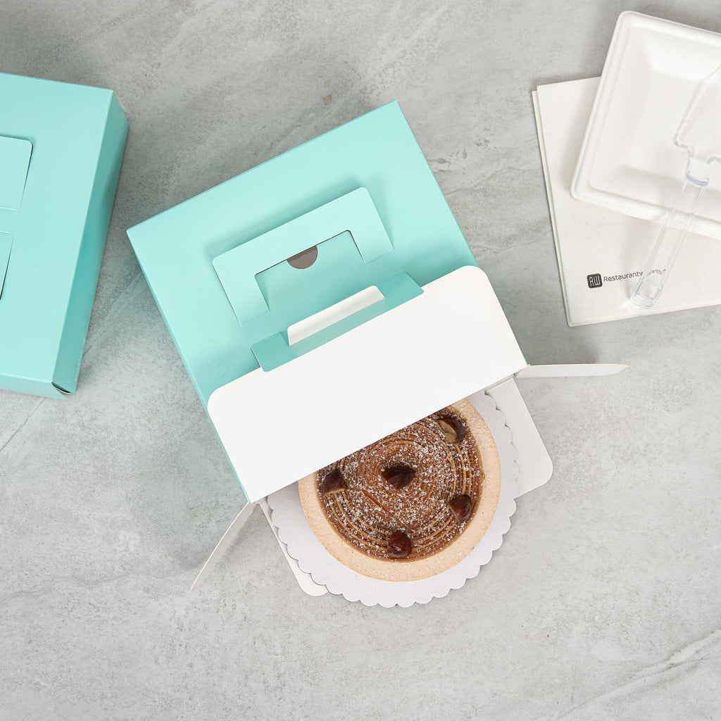 Cater Tek Square Turquoise Paper Cake / Take Out Container - with Pop-Up Handle, Window - 9" x 9" x 3 1/2" - 50 count box
