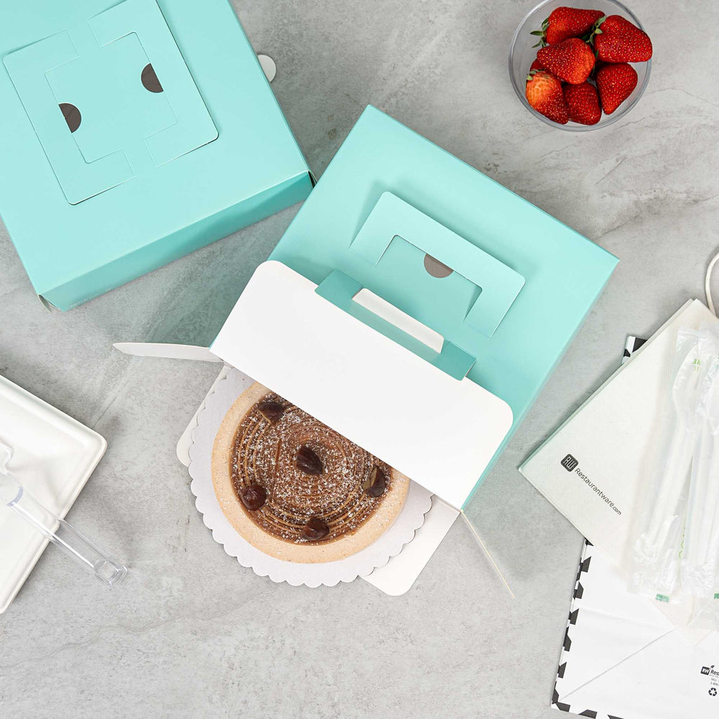 Cater Tek Square Turquoise Paper Cake / Take Out Container - with Pop-Up Handle, Window - 9" x 9" x 3 1/2" - 50 count box