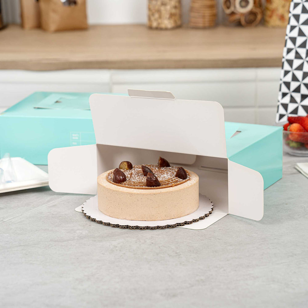 Cater Tek Square Turquoise Paper Cake / Take Out Container - with Pop-Up Handle, Window - 9" x 9" x 3 1/2" - 50 count box