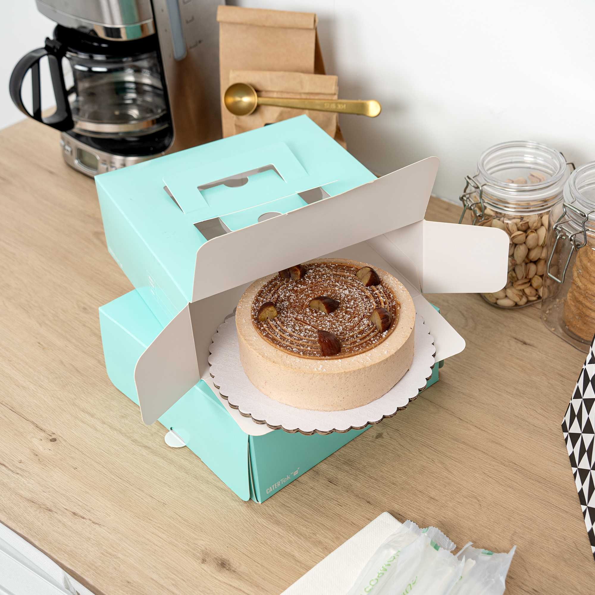 Cater Tek Square Turquoise Paper Cake / Take Out Container - with Pop-Up Handle, Window - 9" x 9" x 3 1/2" - 50 count box