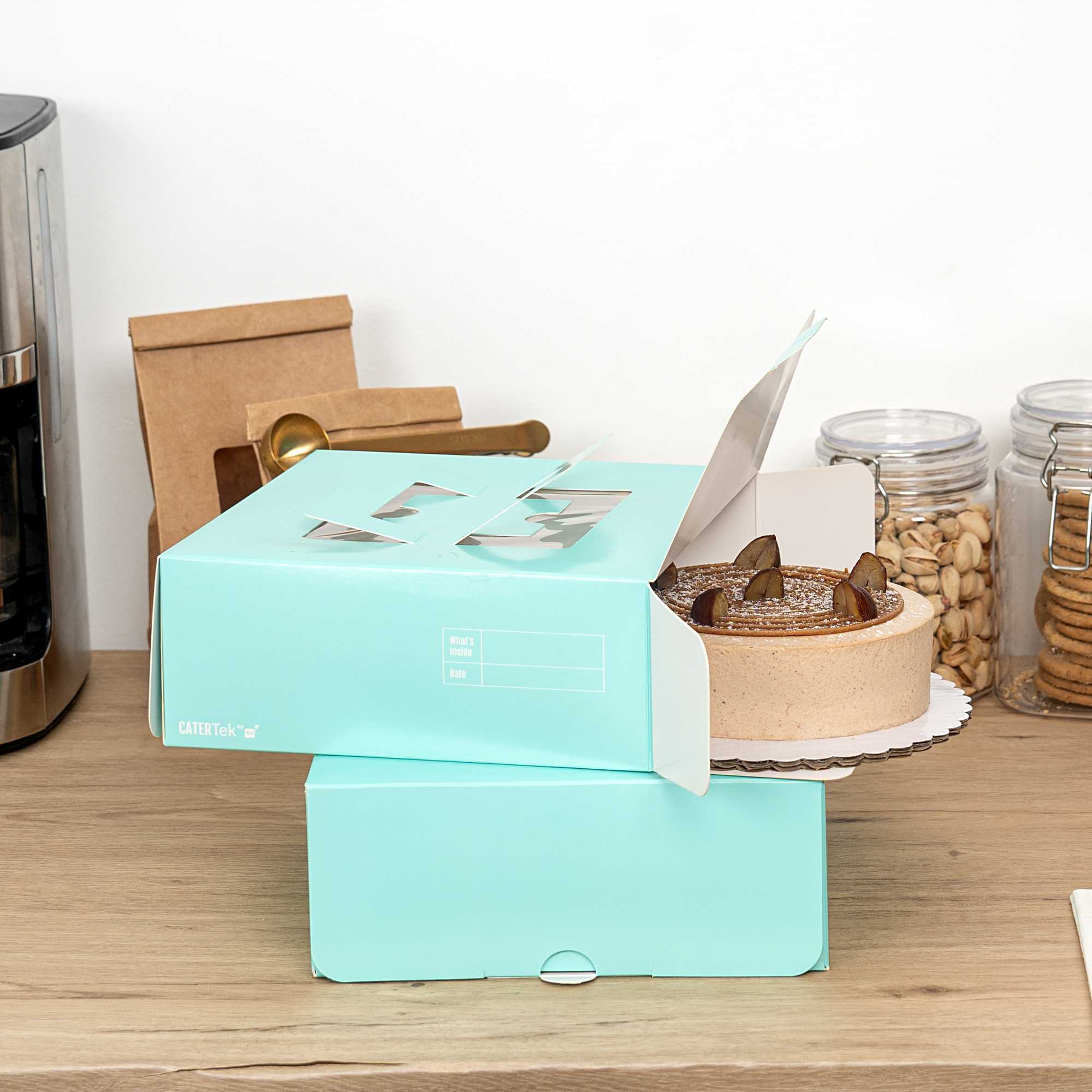 Cater Tek Square Turquoise Paper Cake / Take Out Container - with Pop-Up Handle, Window - 9" x 9" x 3 1/2" - 50 count box