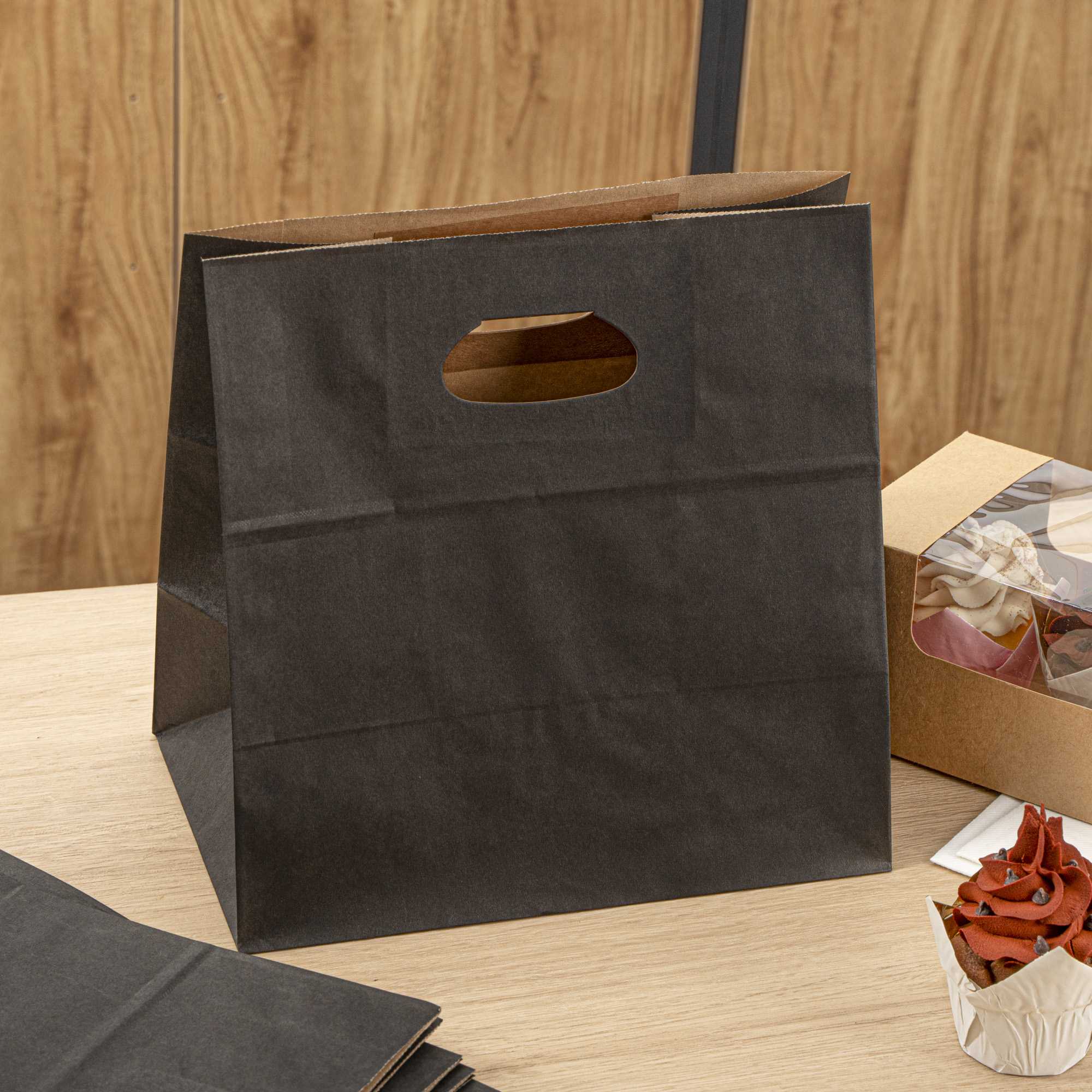 Bag Tek Rectangle Black Paper Take Out Bag - with Handles - 11" x 7" x 11" - 100 count box