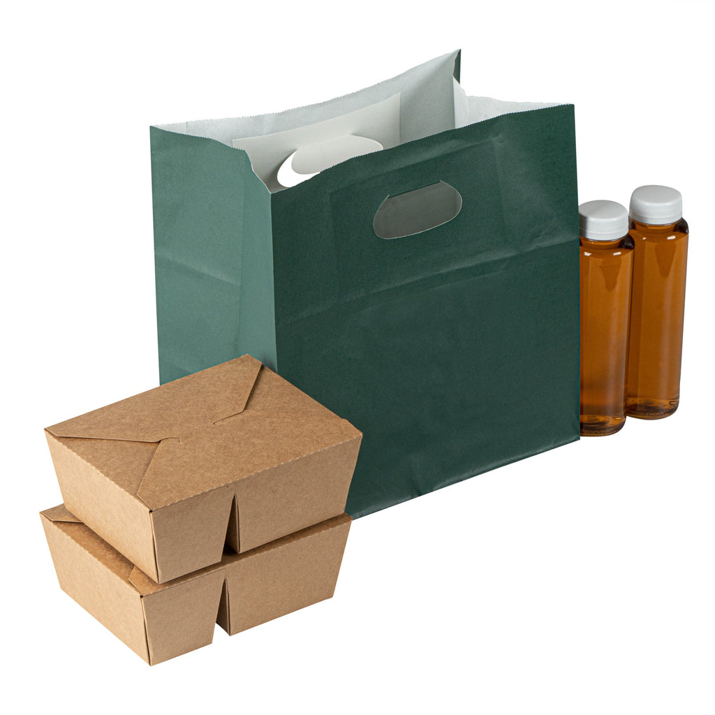 Bag Tek Rectangle Forest Green Paper Take Out Bag - with Handles - 11" x 7" x 11" - 100 count box