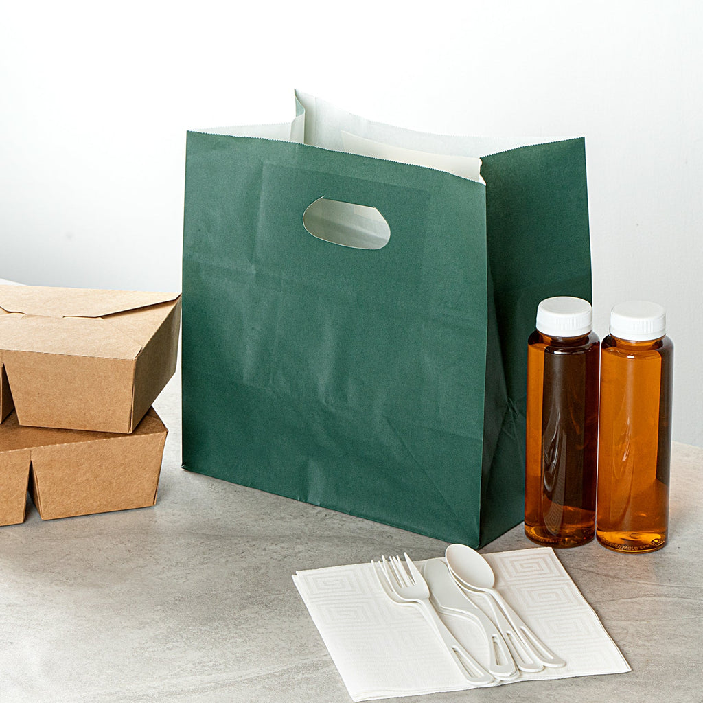 Bag Tek Rectangle Forest Green Paper Take Out Bag - with Handles - 11" x 7" x 11" - 100 count box