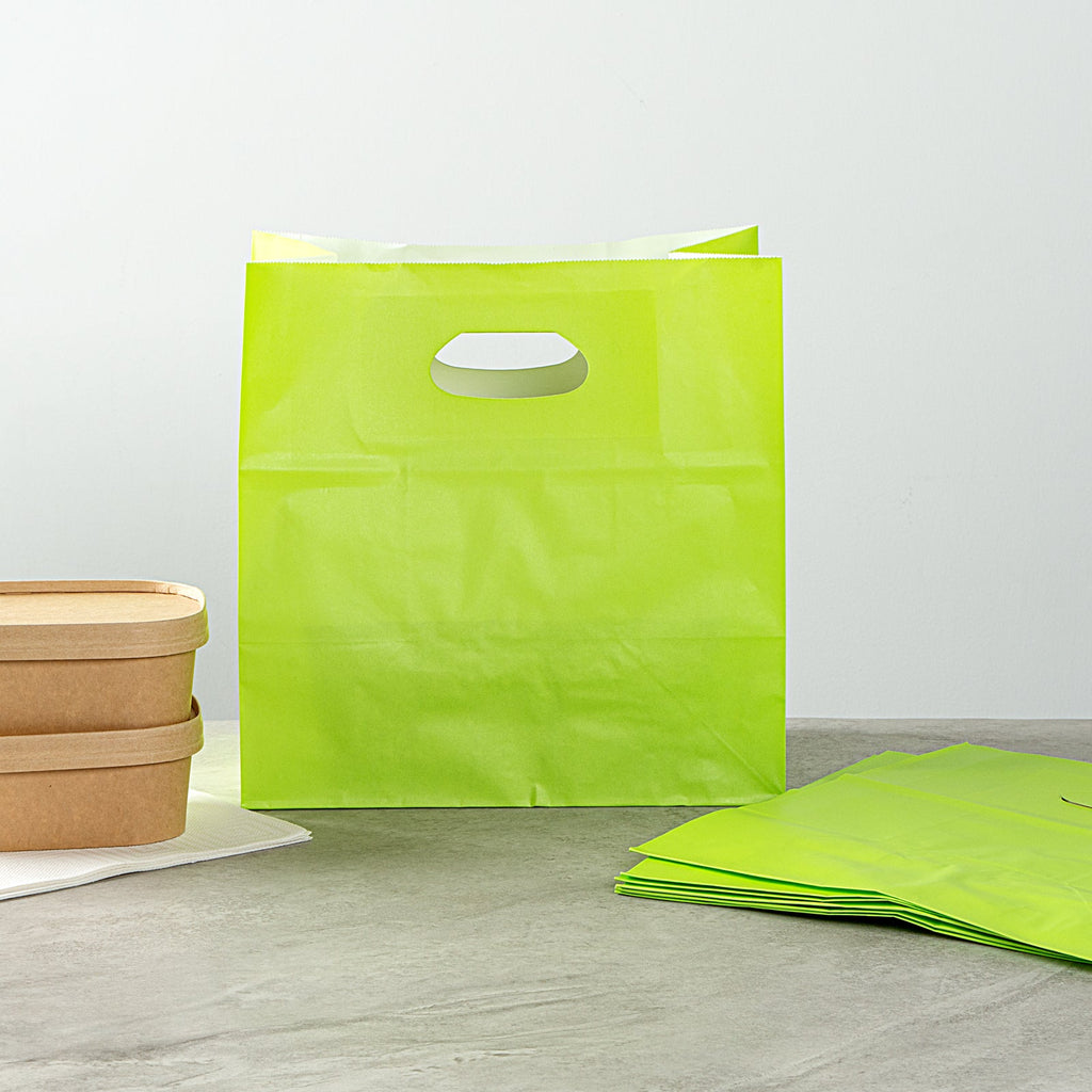 Bag Tek Rectangle Eco Green Paper Take Out Bag - with Handles - 11" x 7" x 11" - 100 count box