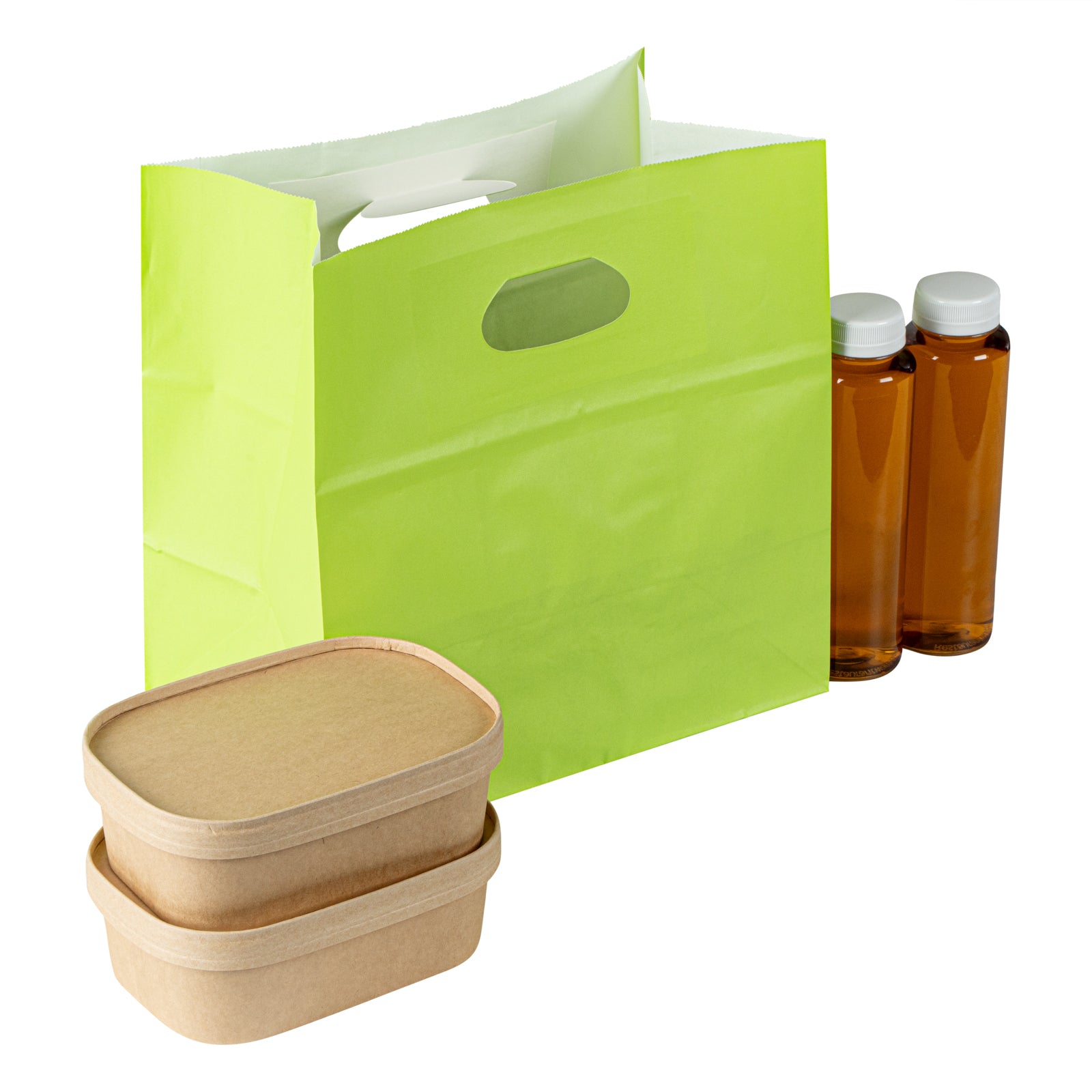 Bag Tek Rectangle Eco Green Paper Take Out Bag - with Handles - 11" x 7" x 11" - 100 count box