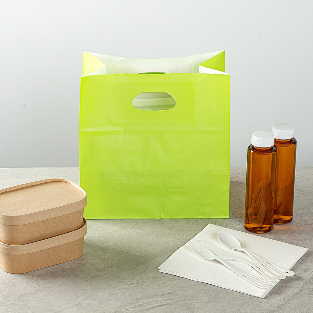 Bag Tek Rectangle Eco Green Paper Take Out Bag - with Handles - 11" x 7" x 11" - 100 count box