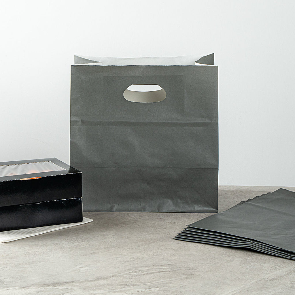 Bag Tek Rectangle Gray Paper Take Out Bag - with Handles - 11" x 7" x 11" - 100 count box